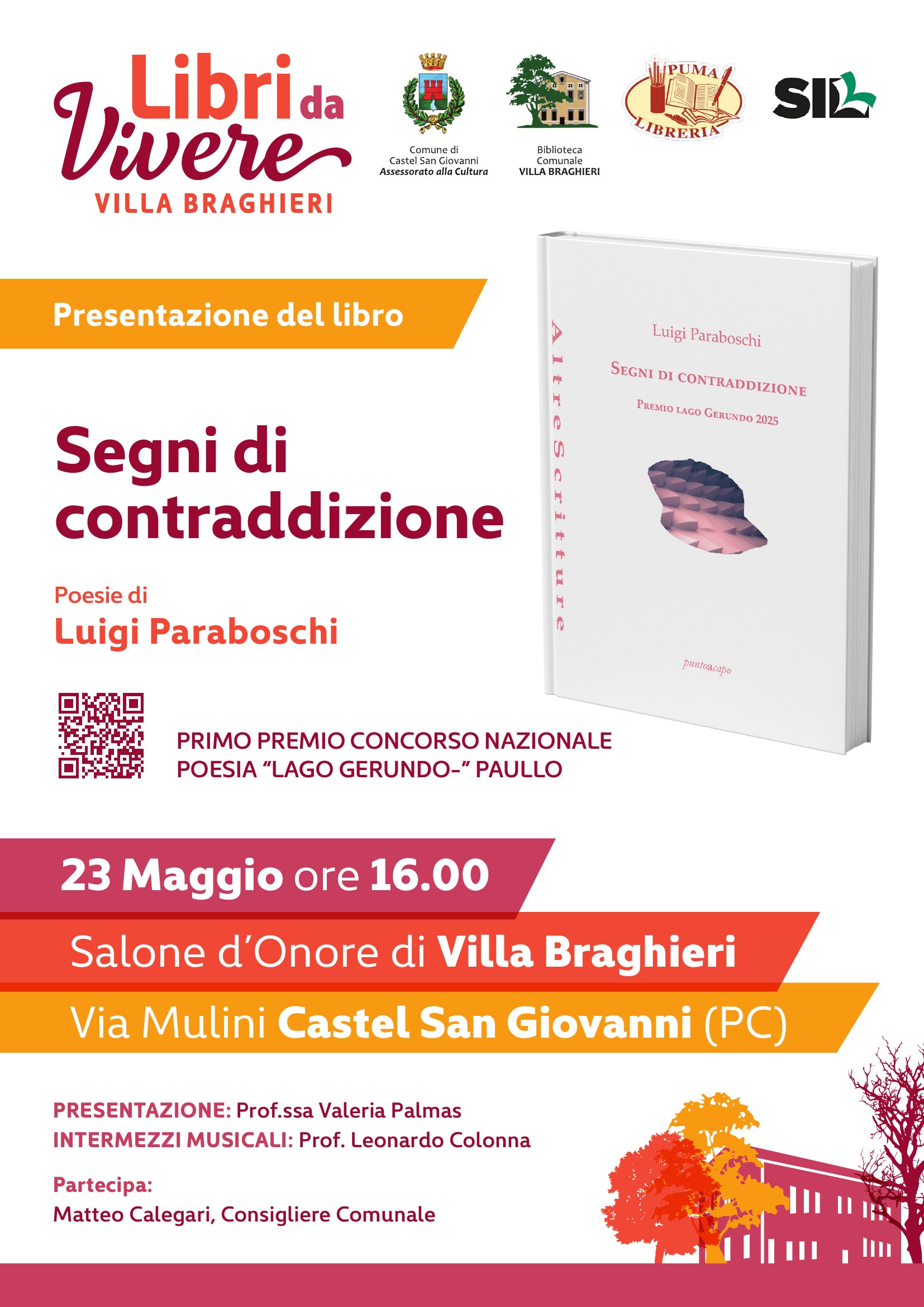 Locandina della presentazione di Segni di Contraddizione a Villa Braghieri, 23 maggio 2026